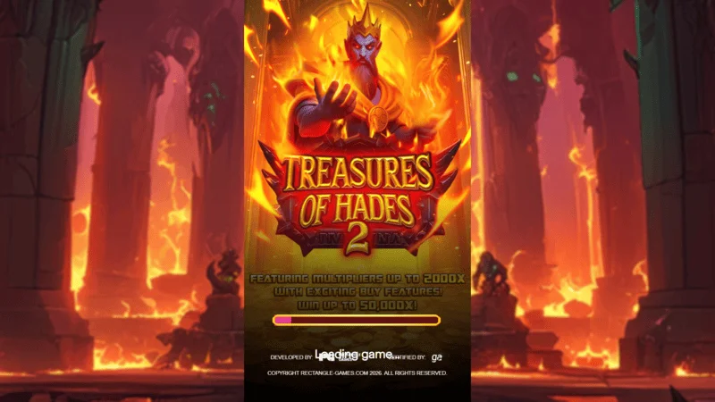 Treasures of Hades 2 — pantalla de carga de la slot de Rectangle Games ambientada en un entorno mitológico del inframundo